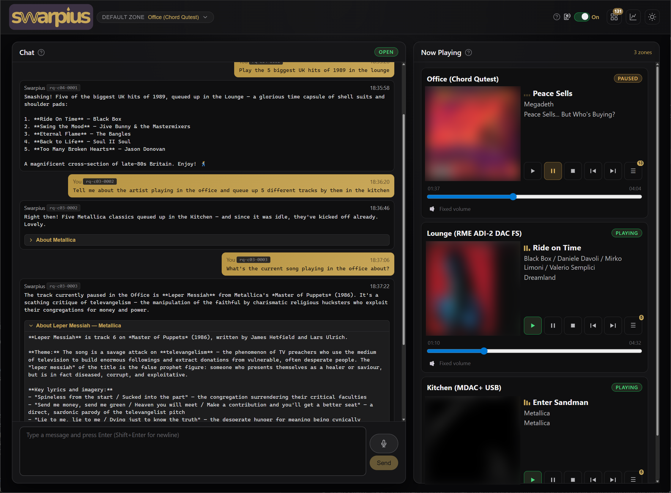 Swarpius web client — chat panel and live zone cards